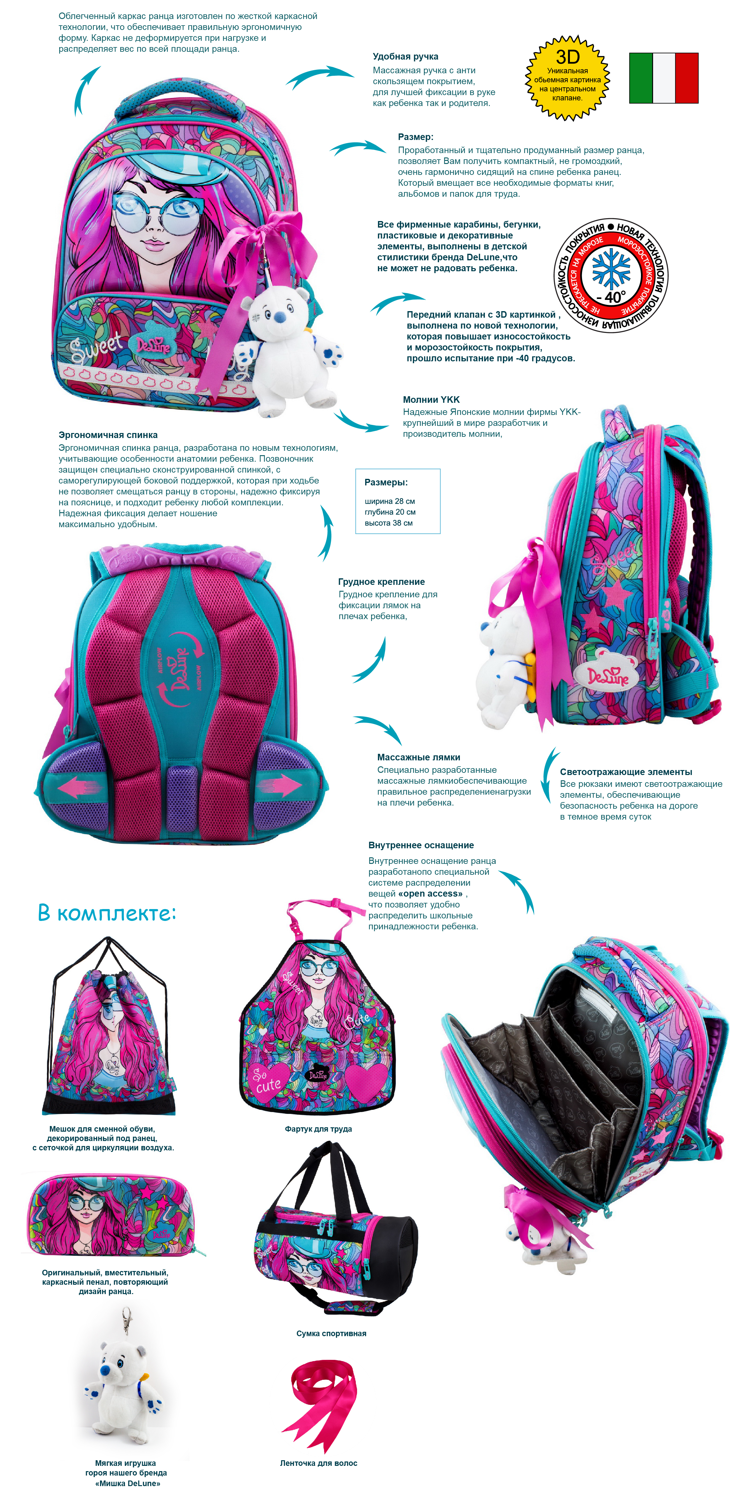 Обзор Ранец DeLune Full-set 9-124 + мешок + жесткий пенал + спортивная сумка + фартук для труда + мишка + ленточка