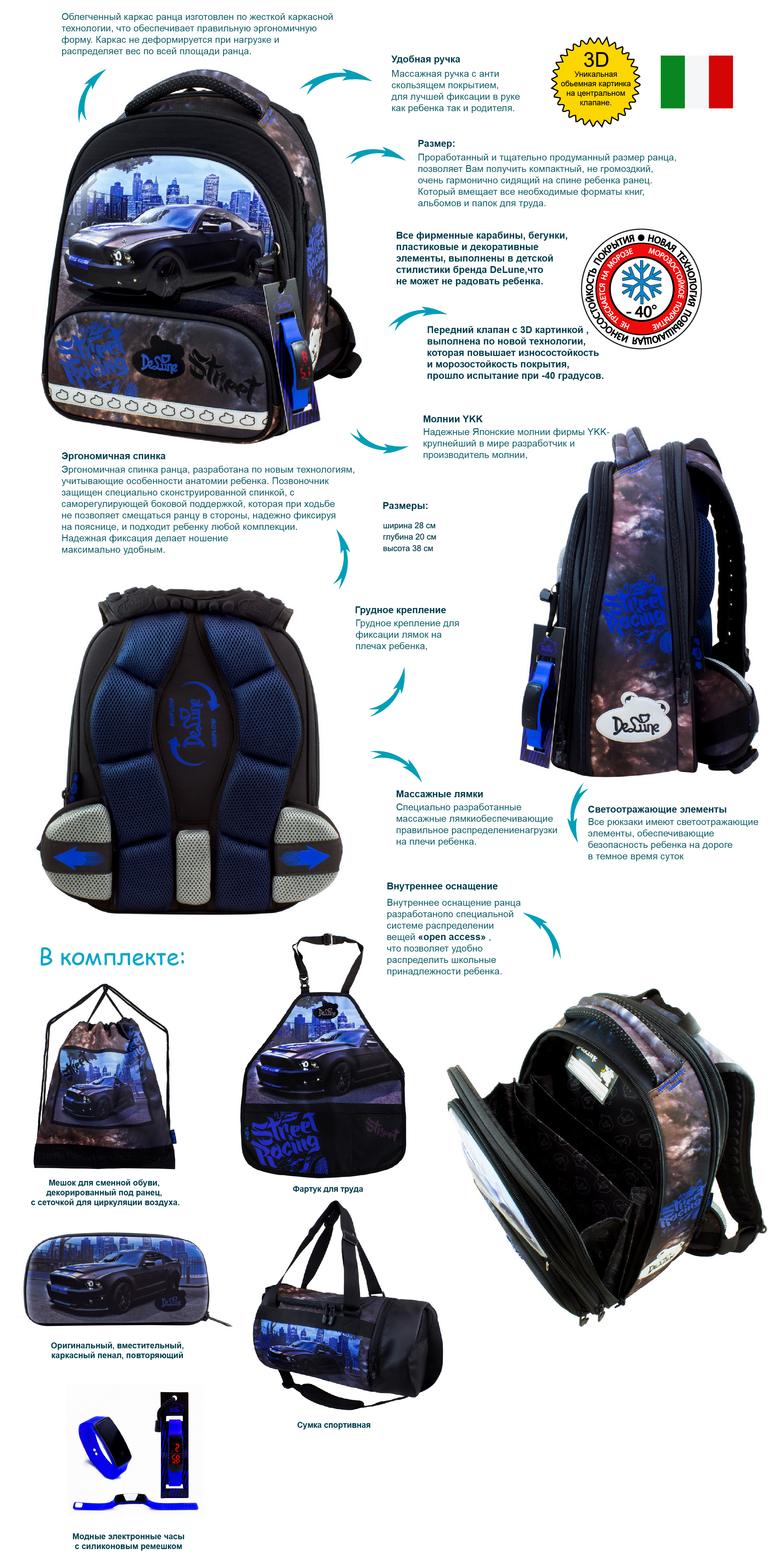 Обзор Ранец DeLune Full-set 9-126 + мешок + жесткий пенал + спортивная сумка + фартук для труда + часы